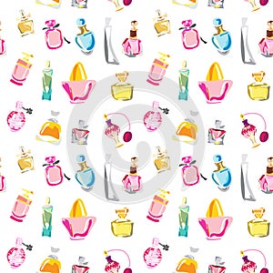 Seamless pattern with of different type of parfume bottles