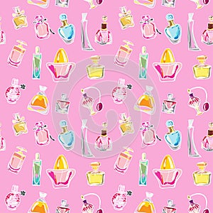 Seamless pattern with of different type of parfume bottles