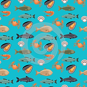 Seamless pattern with different types of fish