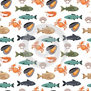 Seamless pattern with different types of fish