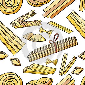 Seamless pattern with different types of pasta