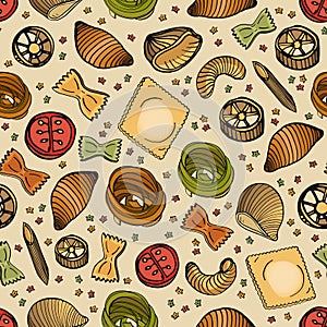 Seamless pattern with different types of tasty uncooked pasta. Backdrop with delicious traditional Italian product. Hand