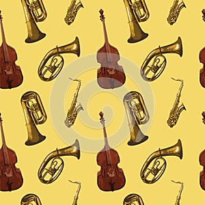 seamless pattern with different wind and string musical instruments