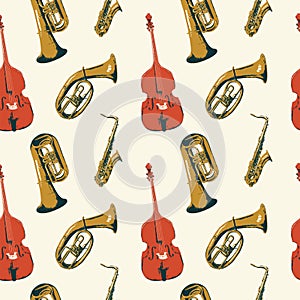 seamless pattern with different wind and string musical instruments