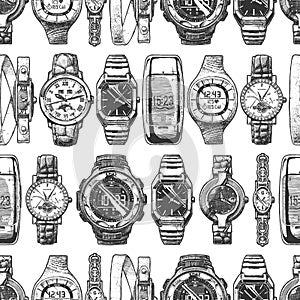 Seamless pattern with different wristwatches