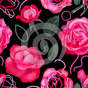 Seamless pattern of digital roses painted in mixed techniques in vibrant colors