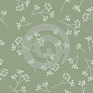 Seamless pattern with dill flowers and twigs. Simple flat vector illustration in a minimalistic style.White flowers on a green