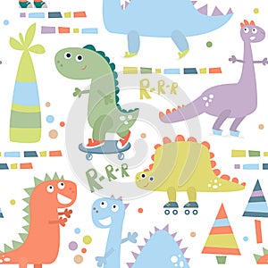 Seamless pattern with dinosaur. Baby background for textile, wrapping, fabric, wallpaper. Vector illustration.