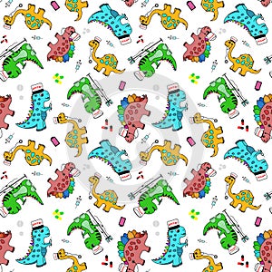 seamless pattern with dinosaurs doctors, for printing on fabric, children's doctors for gowns, for hospitals and clinics.