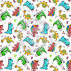seamless pattern with dinosaurs doctors, for printing on fabric, children's doctors for gowns, for hospitals and clinics. photo