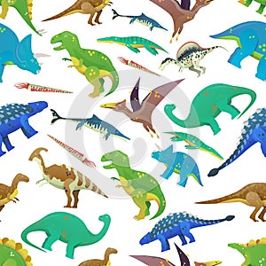 Seamless pattern with dinosaurs, prehistoric fish