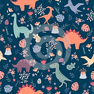 Seamless pattern with dinosaurs and tropical leaves and flowers. Perfect for kids fabric, textile, wallpaper. Cute dino