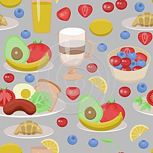 Seamless pattern with dishes for breakfast. Bright fusor for wallpaper, menu, fabrics. concept of a healthy breakfast
