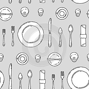 Seamless pattern with dishes, plates, spoons and forks in doodle style. Cutlery in hand drawn style.