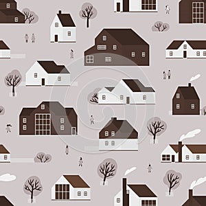 Seamless pattern with district of suburban cottages in Scandic style and town dwellers. Backdrop with countryside wooden