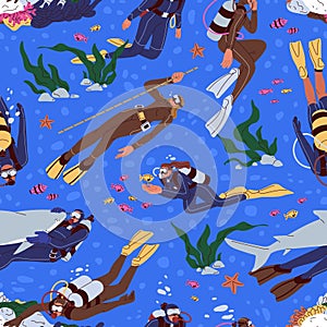 Seamless pattern, divers under water. Scuba diving in sea, repeating print. People in aqualung swimming underwater photo