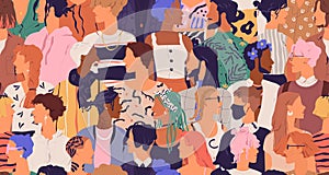 Seamless pattern of diverse modern people. Human crowd with different multiracial men and women. Endless repeatable