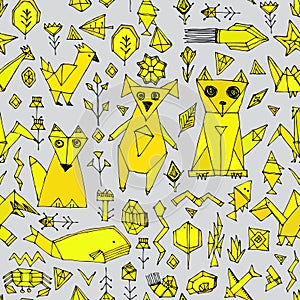 Seamless pattern with Dog cat fox fish birds sea animals and plants, Black outline Mustard yellow on grey background, doodle decor