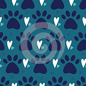 Seamless pattern with dog or cat pet paw silhouette and hearts. Simple flat vector illustration background. Kitten or puppy trace