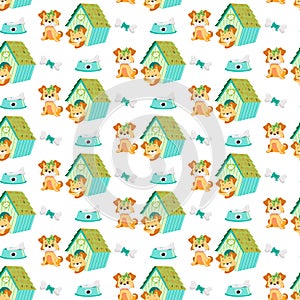 Seamless pattern with dog, doghouse, bones