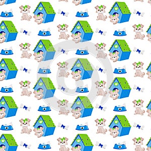 Seamless pattern with dog, doghouse, bones