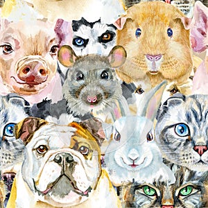 Seamless pattern of dog, guinea pig, cat, mini pig, rabbit and rat. Watercolor hand drawn illustration