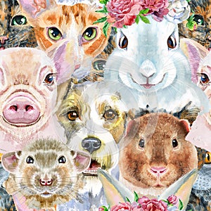 Seamless pattern of dog, guinea pig, cat, mini pig, rabbit and rat. Watercolor hand drawn illustration