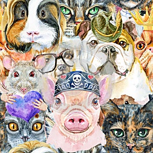 Seamless pattern of dog, guinea pig, cat, mini pig and rat. Watercolor hand drawn illustration