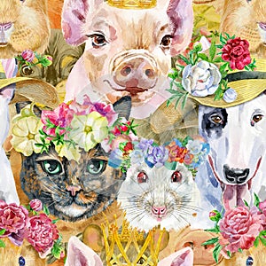 Seamless pattern of of dog, guinea pig, cat, mini pig and rat. Watercolor pets illustration. Watercolor hand drawn