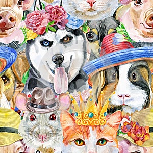 Seamless pattern of of dog, guinea pig, cat, mini pig and rat. Watercolor pets illustration. Watercolor hand drawn