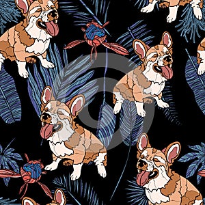 Seamless pattern with dog and leaves.