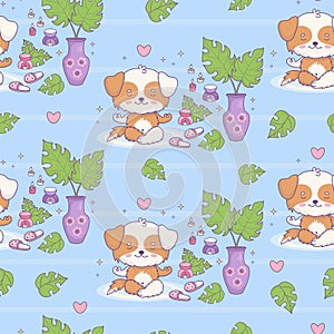 Seamless pattern with dog meditating on blue background with aroma lamp with candles and vase with tropical leaves. Cute