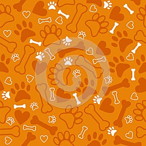 Seamless pattern with dog paw print, bone and hearts. Orange background