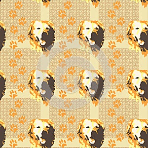 Seamless pattern with dog portrait and footprints