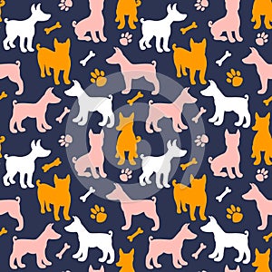 Seamless pattern with Dog silhouette. Surface design texture about Dogs breed Basenji. Vector illustration color shape