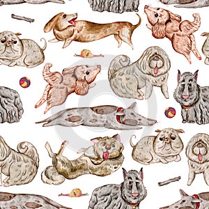 Seamless pattern with dogs and design elements collection. Cute funny characters, dog emotion and feelings.