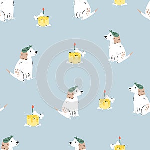 Seamless pattern with dogs in holiday hats and rainbows on blue background