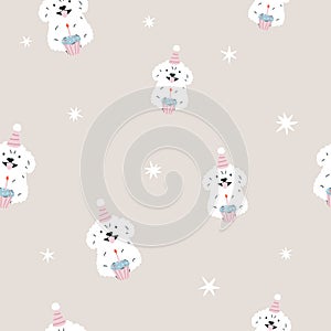 Seamless pattern with dogs in holiday hats and rainbows on blue background