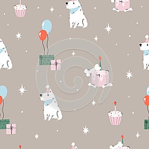 Seamless pattern with dogs in holiday hats and rainbows on blue background