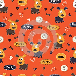Seamless pattern with dogs, paws, bones and lettering