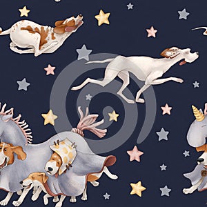 Seamless pattern dogs play and have fun on the background of the night sky.