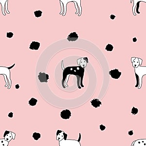 Seamless pattern of dogs on soft pink background. Dalmatian. Vector illustration.