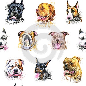 Seamless pattern with Dogs. watercolor illustration of a different dog breeds