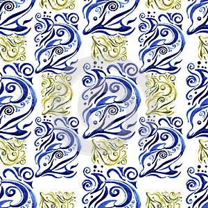 Seamless pattern with dolphins. Hand-drawn watercolor illustration.