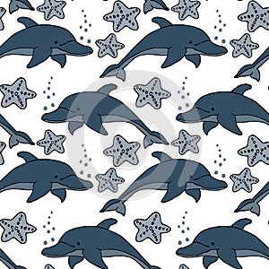 Seamless pattern, dolphins and starfishes on a white background. Marine animal. Children's textiles, print