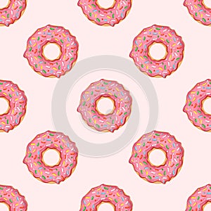 Seamless pattern with donuts with pink icing and colorful sprinkles. Vector illustration for fabrics, textures