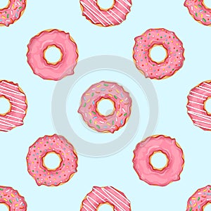Seamless pattern with donuts with pink icing and colorful sprinkles. Vector illustration for fabrics, textures