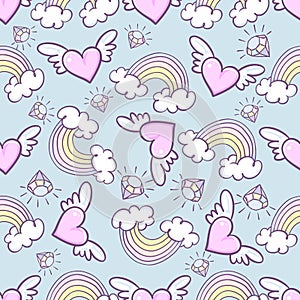 Seamless pattern with donuts, rainbow, heart with wings, precious diamond, Can be used for background images, web pages, surface