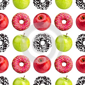 Seamless pattern donuts, red and green apples on white background isolated, healthy vs junk food concept, cakes or fruits diet