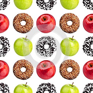 Seamless pattern donuts, red and green apples on white background isolated, healthy vs junk food concept, cakes or fruits diet